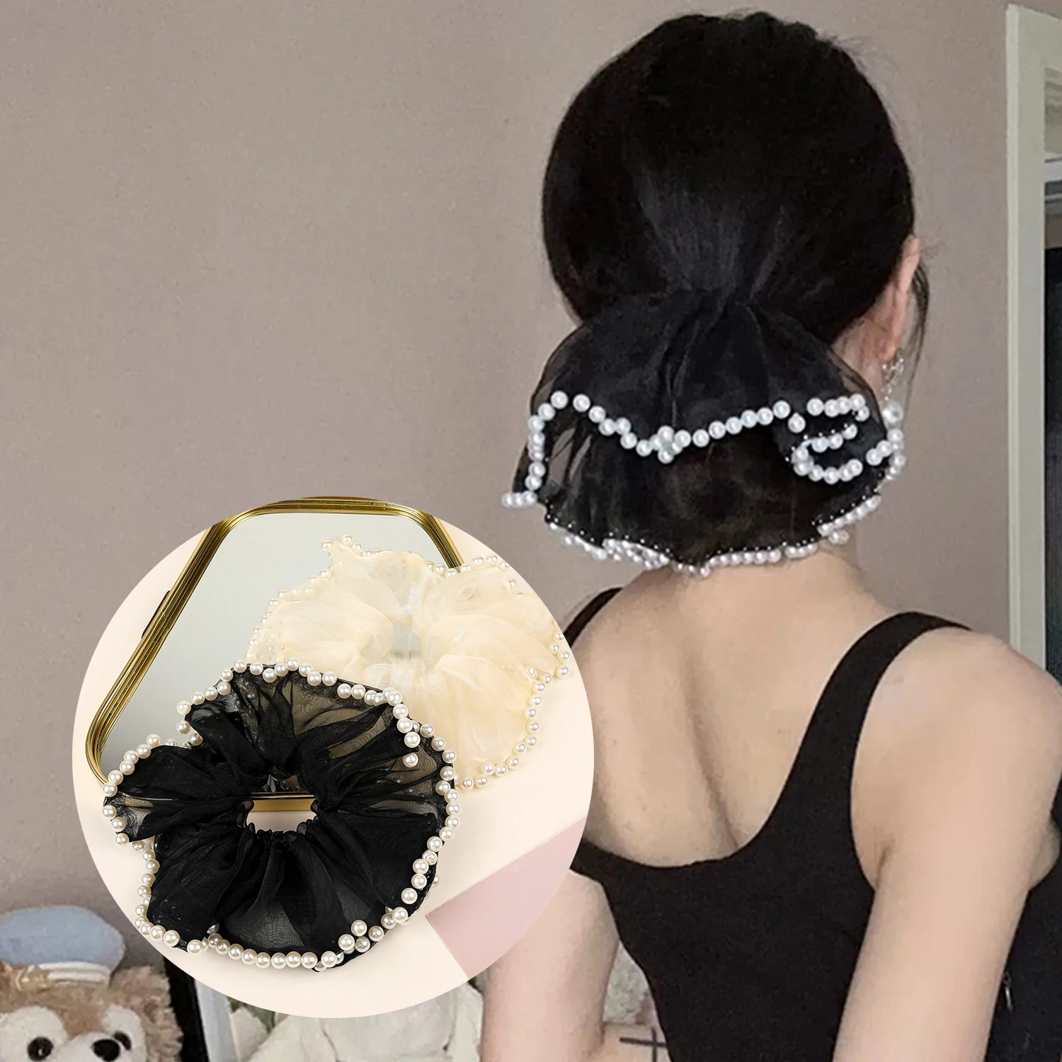 

Large Organza Pearl Hair Ties Korean Style Temperament Elastic Ponytail Head Rope Hairband For Sweet Women Girl Hair Accessories