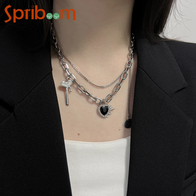 

Hip Hop Chain Necklaces for Women Girls Double Black Heart Pendant Necklace Stainless Steel Clavicle Chains Personality Jewelry
