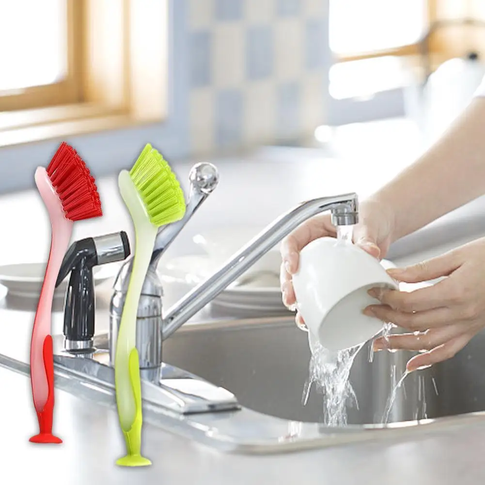 

1pcs Pot Washing Brush Vertical Dishwashing Brush Kitchen Suction Cup Sink Cleaning Scrub Brush Long Handle