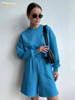 clacive casual o neck long sleeve top hoodie two piece sets womens outifits fashion loose blue knit shorts set female tracksuit
