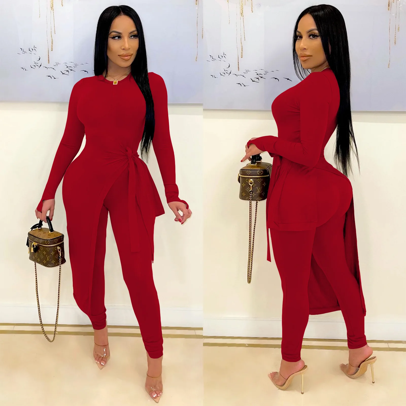 

Casual Women Tracksuit Two Piece Set Bandage Shirt + Long Pants Solid Color Sportsuit Matching Set Clothes For Women Outfit