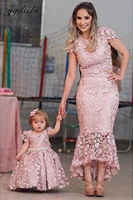 blush pink lace mother and daughter dresses evening wear o neck mermaid prom gowns with cap sleeves two pieces formal dresses