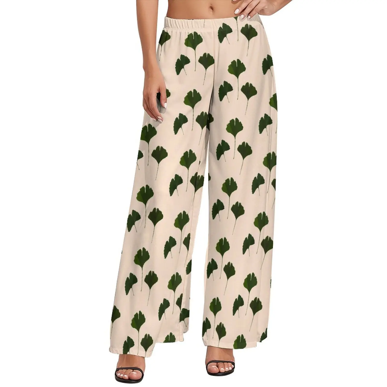 

Ginkgo Biloba Pants High Waist Black Leaves Print Trendy Trousers Aesthetic Design Wide Leg Pants