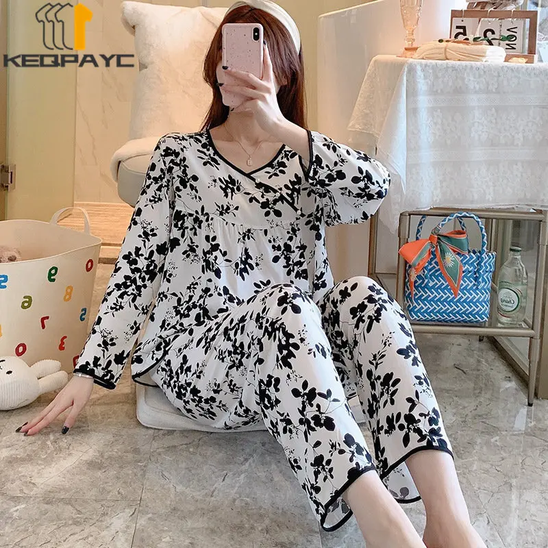 Women's Pajamas New 2023 Spring Autumn Long Sleeve Thin Sleepwear Pyjamas Women Plaid Floral Casual Nightwear Clothing Sets