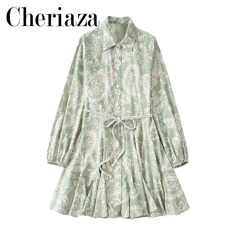 

2022Summer Woman New Vintage Printed Dress Long Sleeves Female Ruffled Hem Dresses Button A word Bohemia Vestidos Mujer