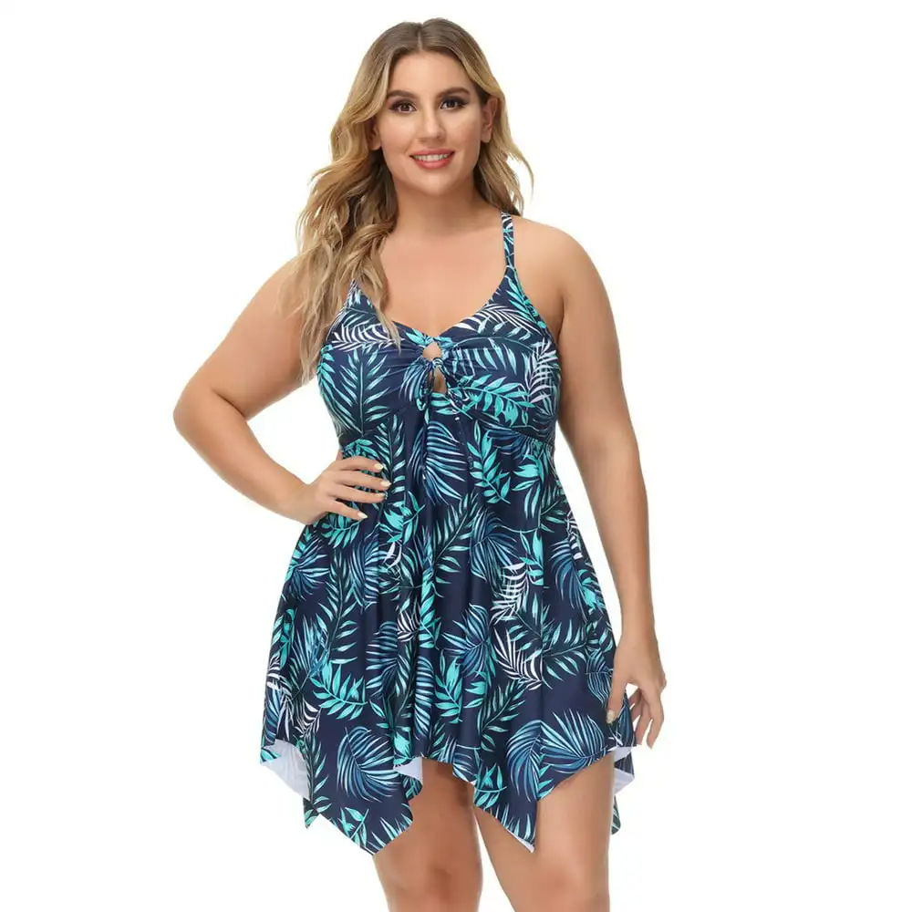 

Two Piece Floral Printed Tankini Swimsuits for Women Plus Size Tie Front V-Neck Swimdress with Boyshorts 16W-28W