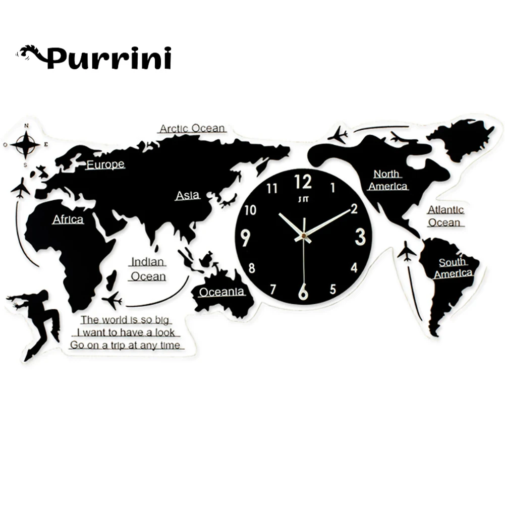 

World Map Wall Clock Decor Nordic Modern Minimalist Decoration Acrylic for Home Bedroom Office Ornaments