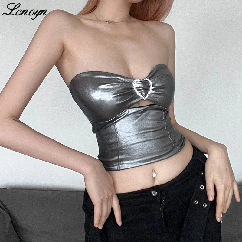 

Lenoyn 2023 новый чистый сексуальный стильный блестящий кожаный бюстгальтер с резинкой на талии и пуговицами, острый Топ для девушек