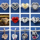 Подвески из серебра 925 пробы, блестящие золотые бусины в форме сердца подходят для оригинальных браслетов Pandora для женщин