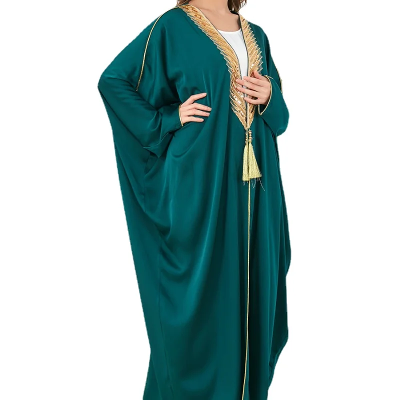 Moroccan Kaftan Batwing Sleeve Appliques Patchwork Cardigan Maxi Long Dresses Solid Green Casual Loose Muslim Abaya Dress Dubai