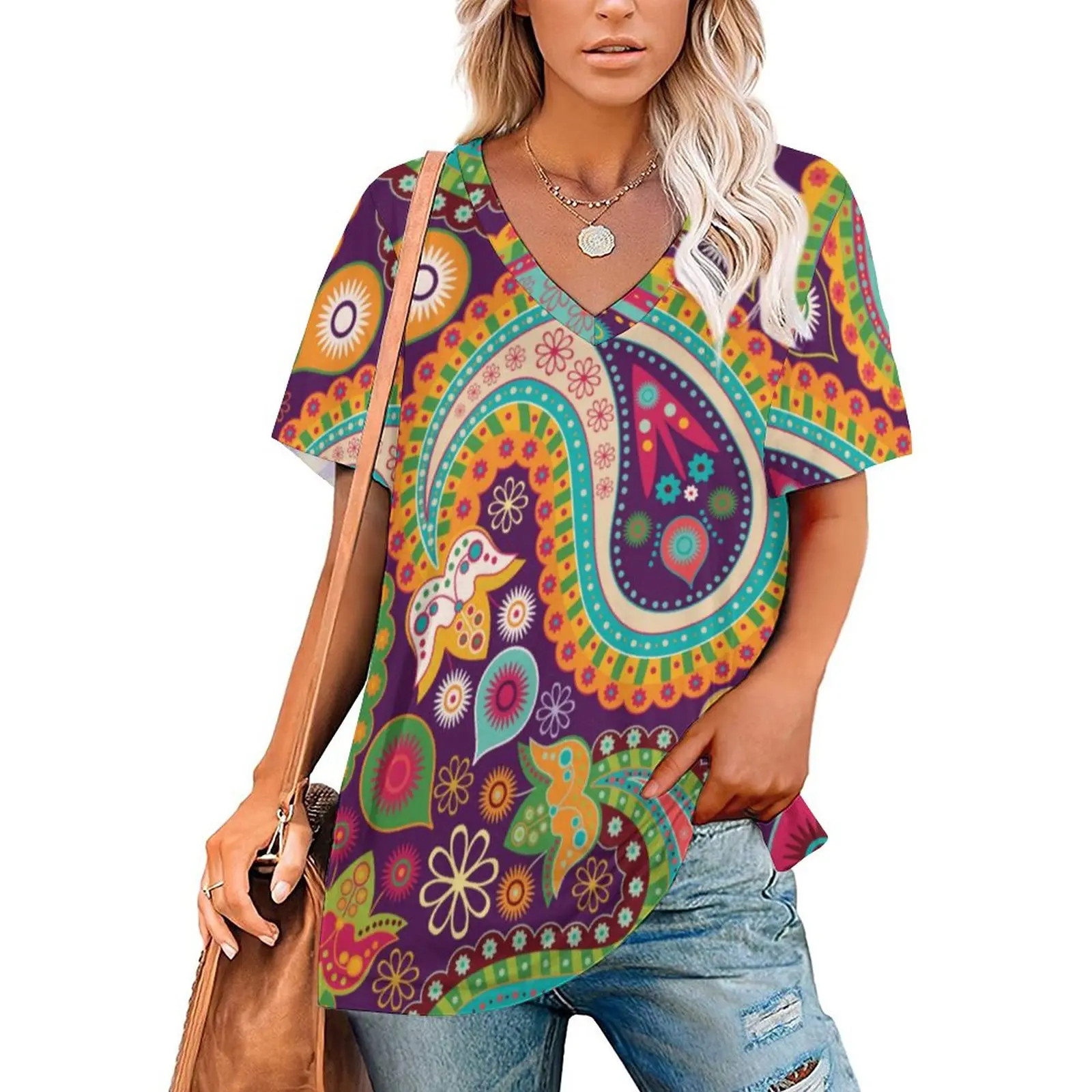 

Retro Hippie T Shirt Paisley Bandanna Hip Hop T-Shirts V Neck Short Sleeve Custom Tshirt Ladies Korean Fashion Top Tees Big Size
