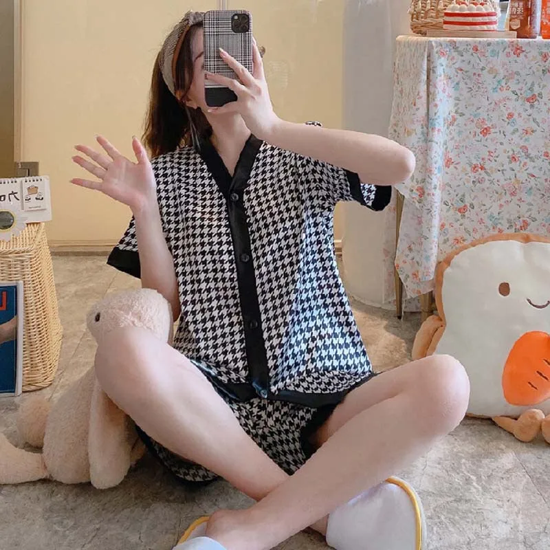 Spring Summer Ladies Faux Silk Polyester Pajama Sets Nightgown Homewear Women's Nightwear Suit Casual Luxury Pajamas for Woman