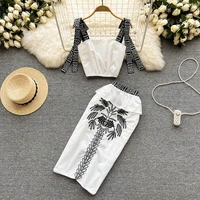women long skirt suit 2022 summer korean bow tie cotton strap crop tops ruffle straight embroidery skirt two piece set clothes