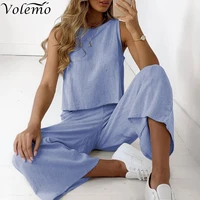 volemo summer women cotton linen set casual sleeveless o neck shirt and loose pants suits spring summer solid two piece sets