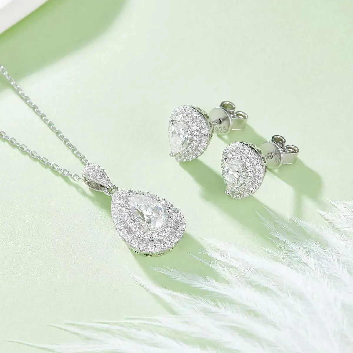 

Pear cutting sets double halo engagement studs pendant s925 diamond bridal set earring moissanite gra necklace luxury jewelry