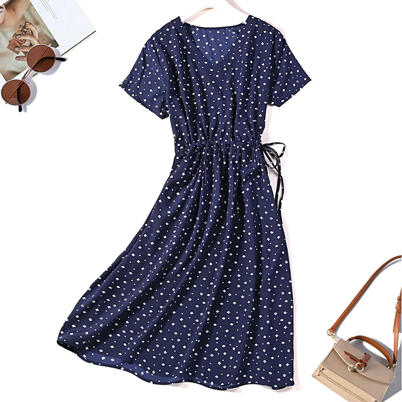 

Women's 100% Mulberry Silk V-neck short sleeve belted waist navy flowers Printed Midi Dress L XL JN845