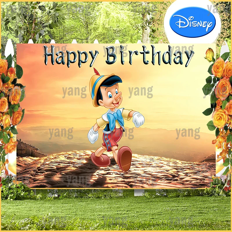 Custom Disney Cartoon The Young Pinocchio The Setting Sun Backgrounds Banner Birthday Party Decoration Baby Shower Backdrop