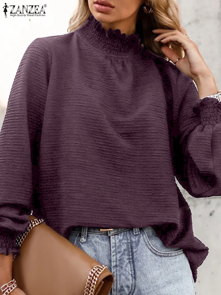 

ZANZEA Women Long Sleeve Blouse 2023 Fashion Office Lady Loose Top Tunic Oversized Casual Solid Loose Turtleneck Blusa Femininas