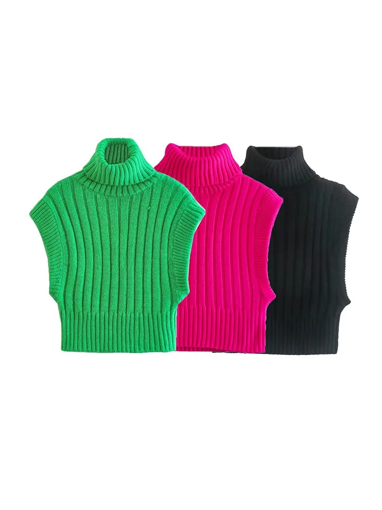 

Женский укороченный жилет PB & ZA, вязаный жилет в рубчик, винтажный жилет с высоким воротником без рукавов, шикарные топы, осень 2022