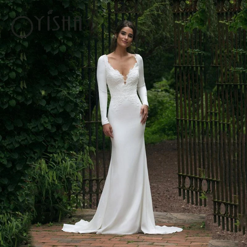 

OYISHA Delicate V-Neck Appliques Wedding Dresses Long Sleeve Sexy Mermaid Robe De Mariée Illusion Back Buttons Bridal Gowns 2023