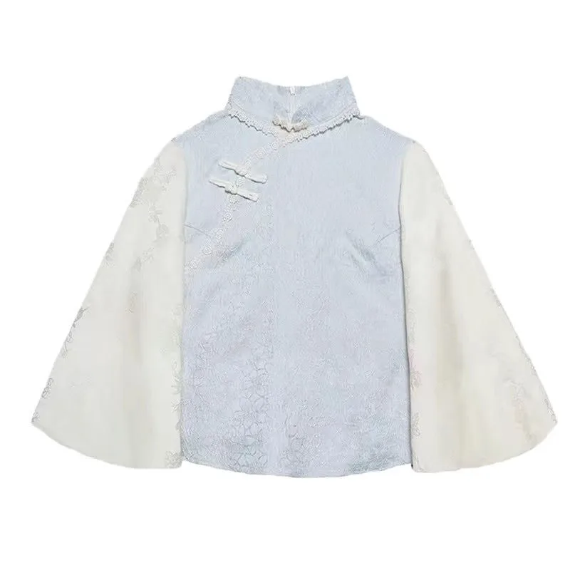 Осенний китайский стиль синий топ с вышивкой и большим рукавом белая кружевная