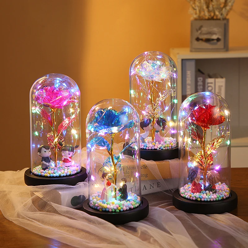 

2022 светодиодная зачарованная Галактическая Роза, вечный цветок из фольги со сказочной гирляндой в куполе, подарок на Рождество, День святог...