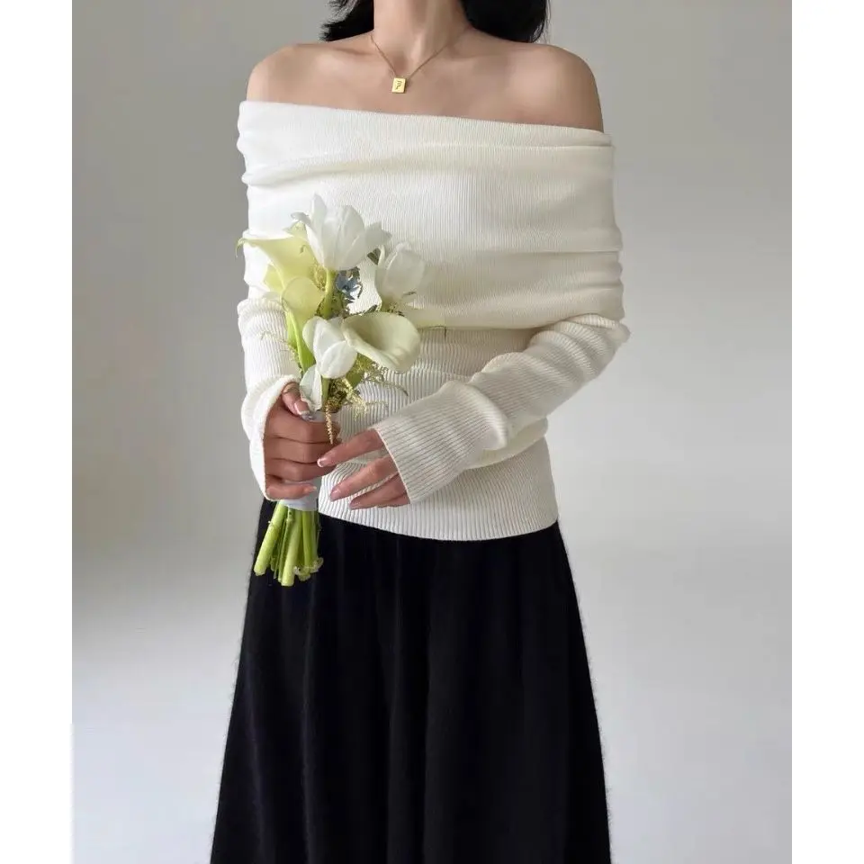 Трикотаж с открытыми плечами элегантные женские свитера модные пуловеры женская