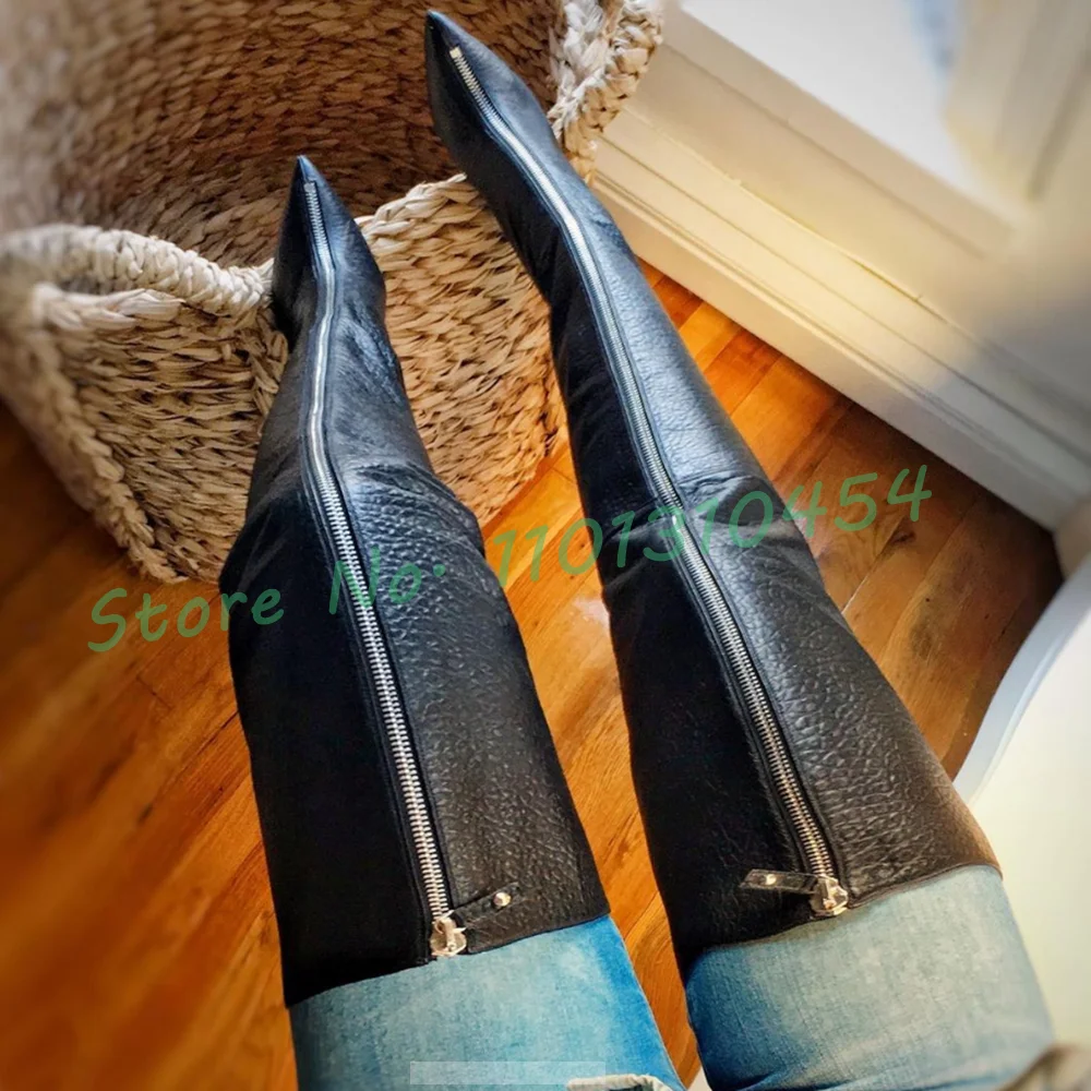 Женские сапоги выше колена на молнии спереди, зимние кожаные сапоги на ...