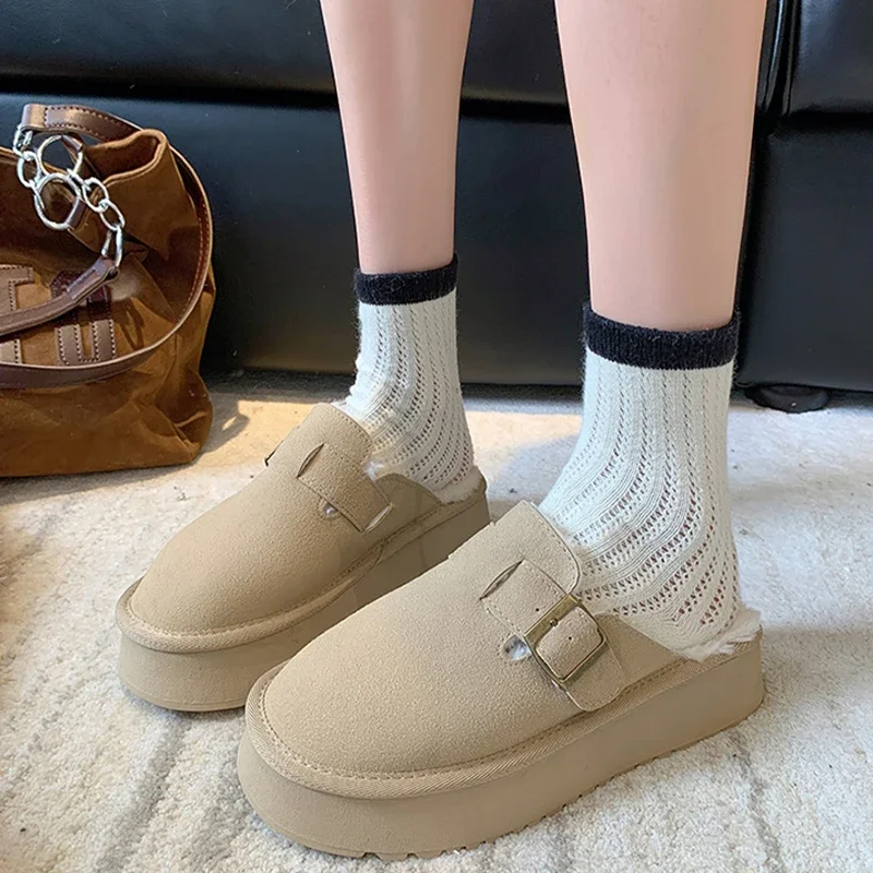 

Fur Women Flats Platform Mules Shoes Walking Warm New Slippers 2024 Winter Trend Shoes Short Plush Home Casual Suede Flip Flops