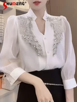 high quality blusas femininas elegantes french ladies v neck bead white shirt 2022 summer new loose woman half sleeve tops mujer