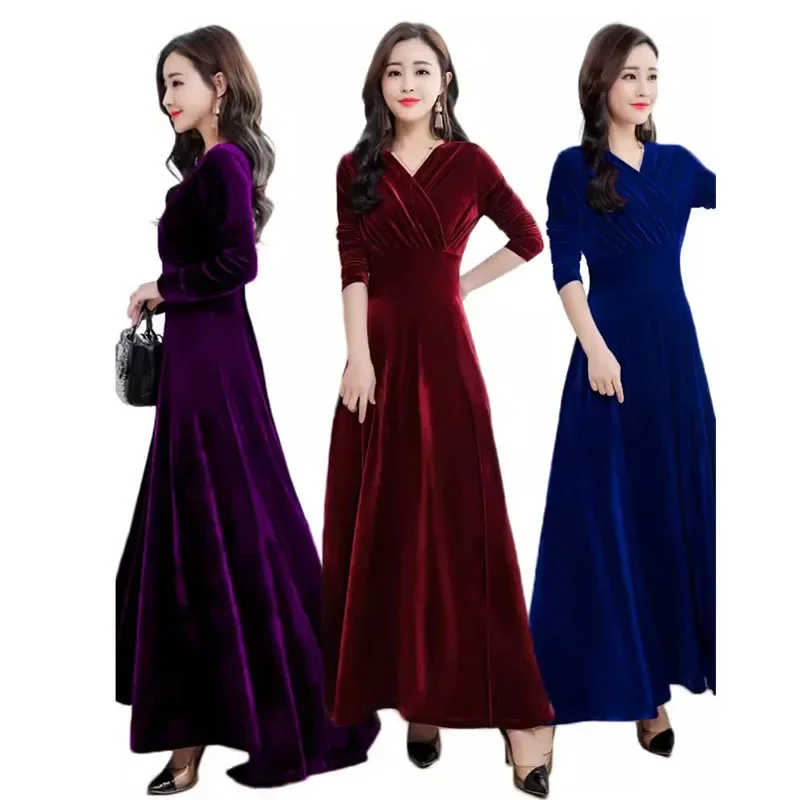 Женское бархатное платье с длинным рукавом золотистое запахом модель E527