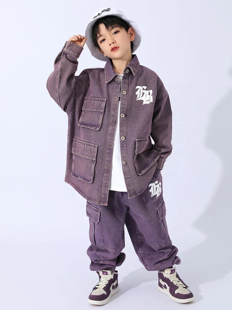 

New Kids Hip Hop Dance Costume Purple Tooling Coat Pants For Girls Boys Street Dancewear Kpop Jazz Performance Clothing BL9636