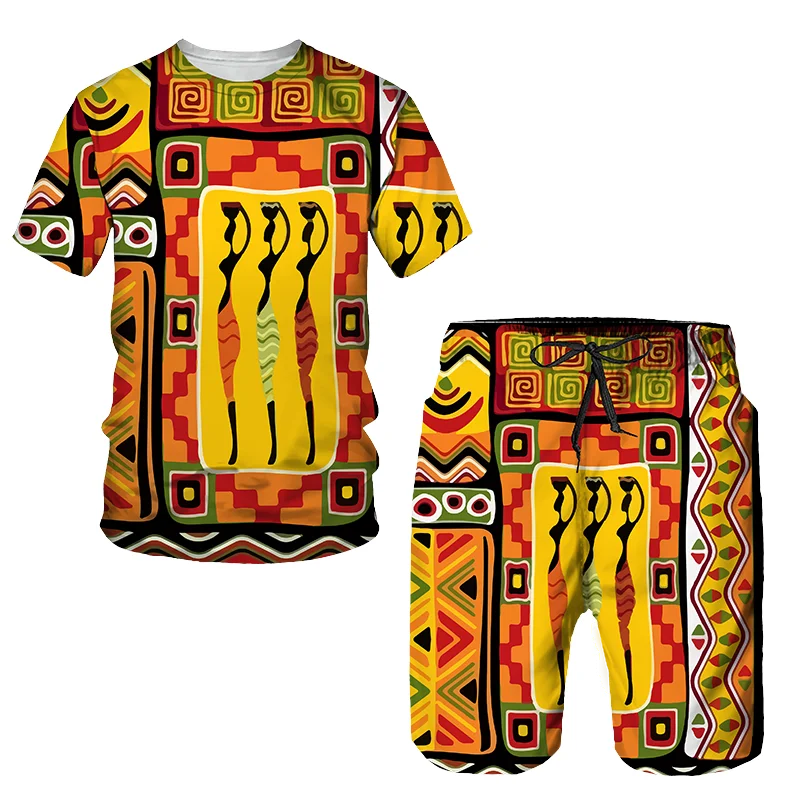 

Men's Summer Tracksuit Casual Stylish Sweatersuit Set 2 Pieces Ethnic Style T-Shirt Shorts Suits Male Bohemian Aurora Clothing