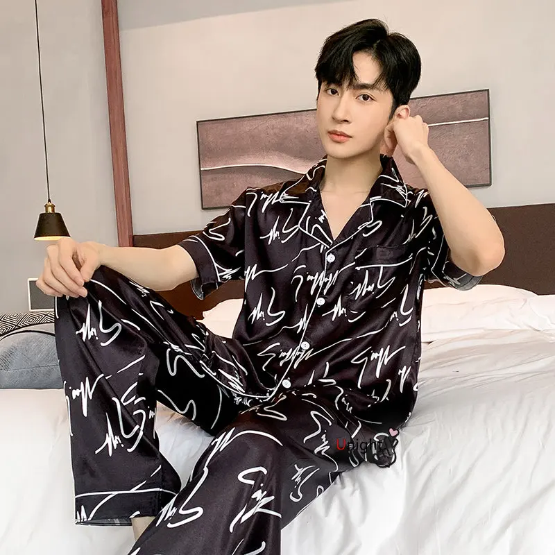 Spring Summer Man Pajama Sets Silk Sleepwear Pajamas for Men Plus Size Home Clothing Pyjamas Suit Home Wear Loungewear Homesuits