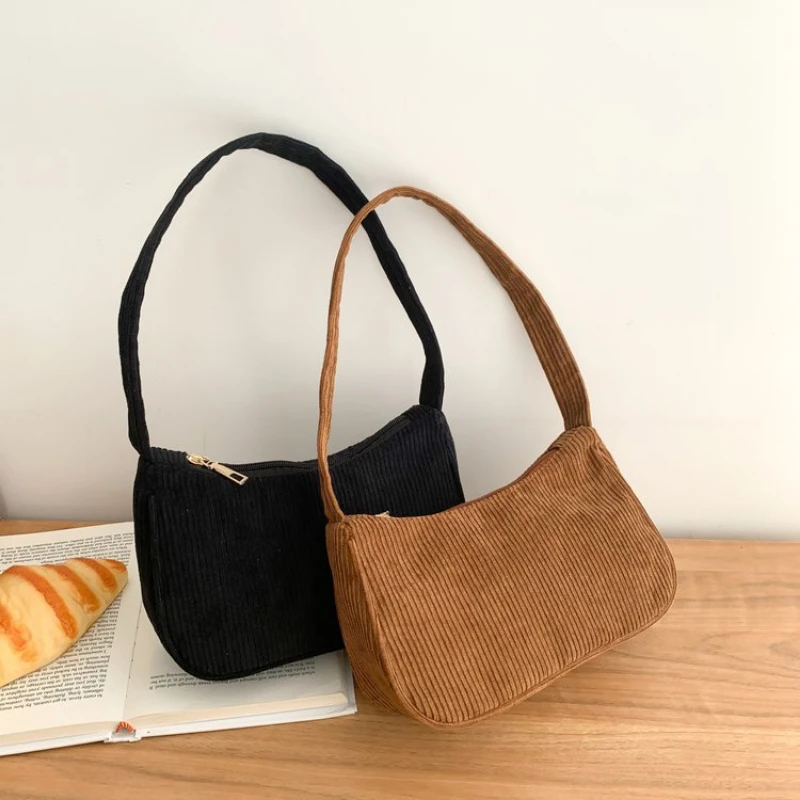 

2023 Vintage Women Purses and Handbags Corduroy Underarm Bag Casual Women Shoulder Bags Solid Color Zipper Female Handbag Clutch