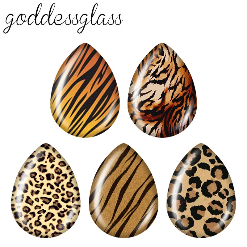 

5pairs New Leopard tiger stripes Patterns Tear Drop Photo Glass cabochon flat back for DIY Earrings Jewelry Making Findings