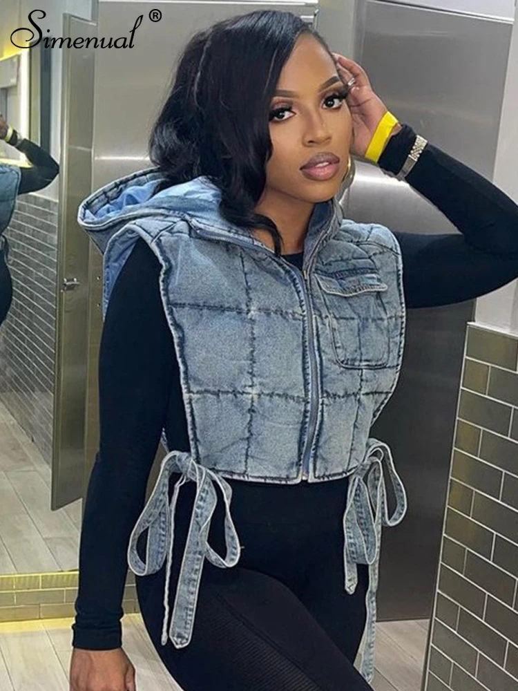 Женский жилет с капюшоном и карманами из денима свободная куртка на молнии