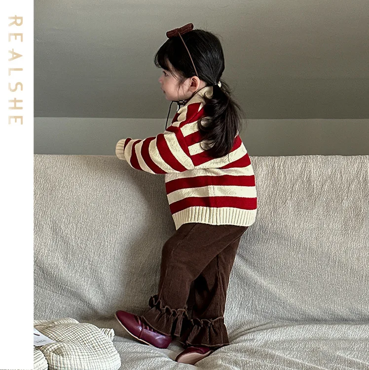 

2023 New Baby Trousers Solid Ruffles Trousers for Girls Loose Fashion Children Clothing Autumn Winter Kids Flare Pants