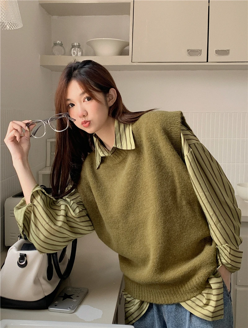 

Женский трикотажный жилет без рукавов в стиле преппи, 2 цвета (K905), Осень-зима 2022