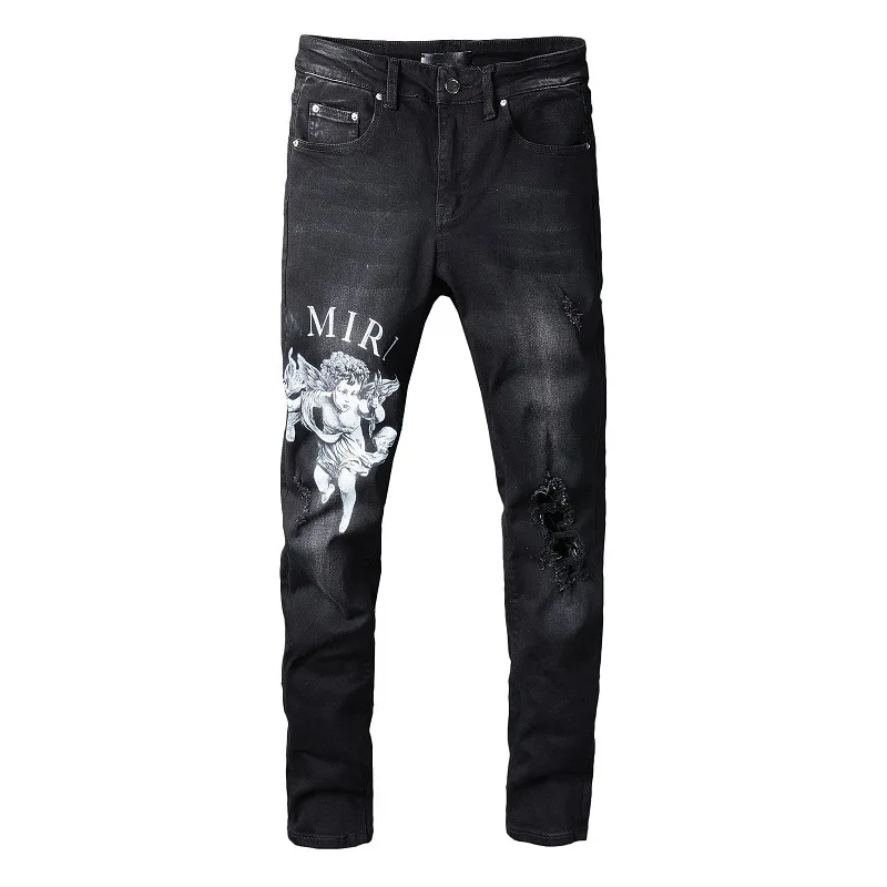 

Black Letter Angel Printing Slim Jeans mens jeans skinny Streetwear Motorcycle Jeans Pants Hip Hop Jeans Men Los Hombres Jeans