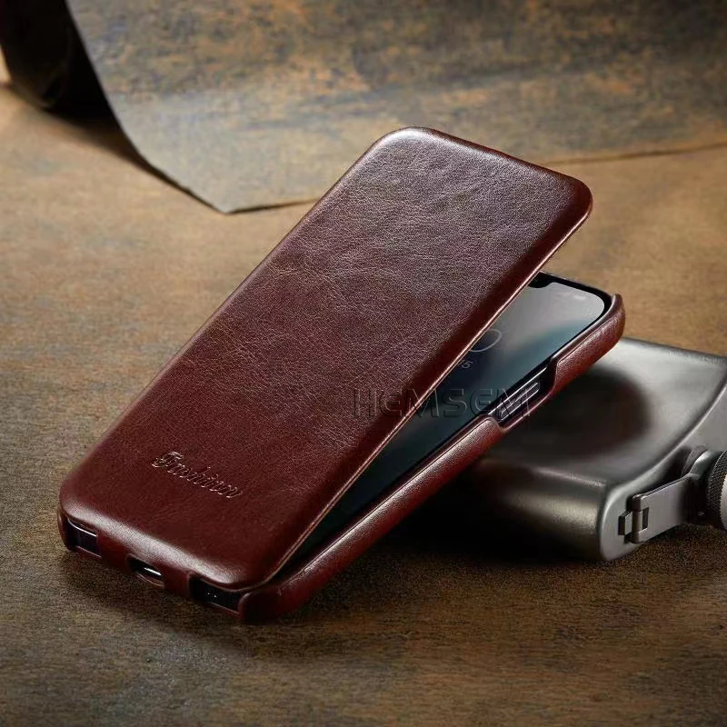 

Fierre Shann Luxury Vertical Retro Leather Brand Flip Case For iPhone 14 12 13 Mini 11 Pro Max 7 8 X Xr Xs SE Full Cover Coque