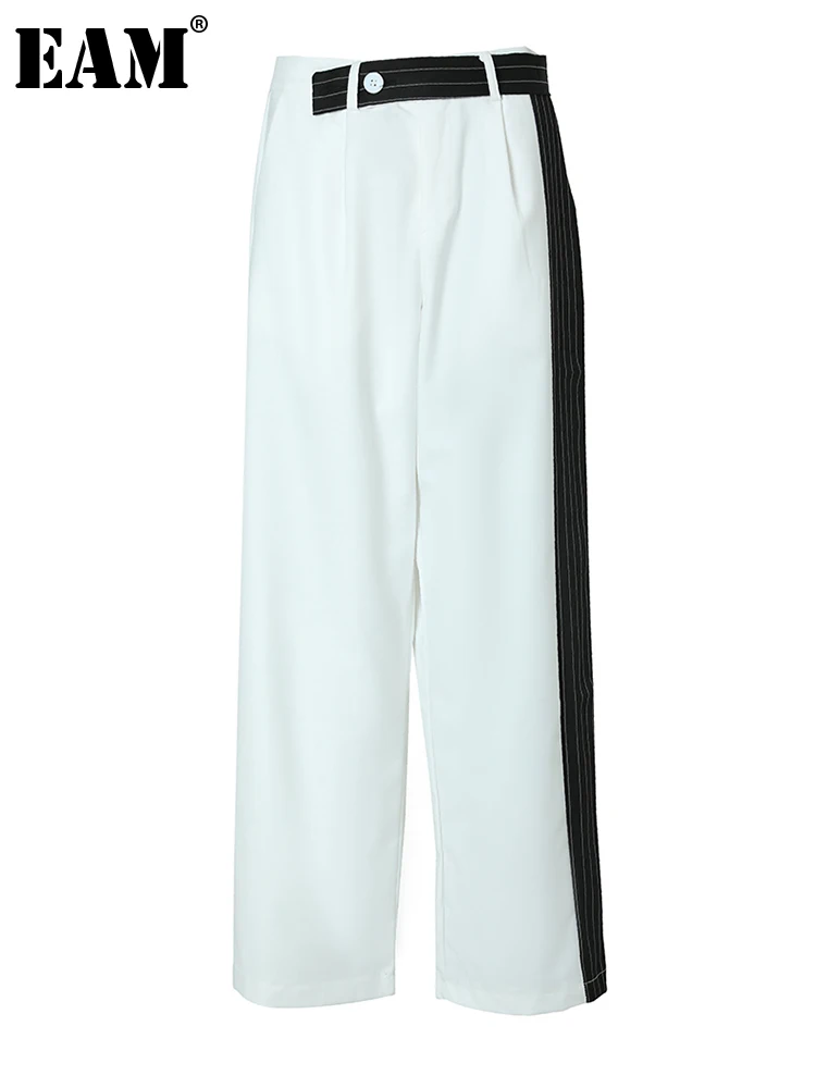

[EAM] High Elastic Waist White Striped Long Wide Leg Pants New Loose Fit Trousers Women Fashion Tide Spring Autumn 2022 1DF3098