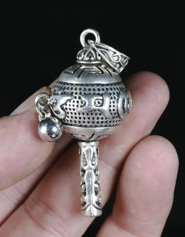 

5,5 см старая китайская серебряная подвеска-колокольчик Miao буддизм ОМ МАНИ ПАДМЕ ХУМ