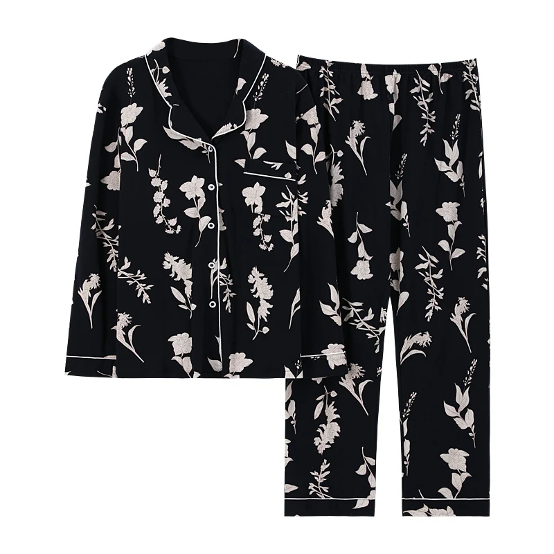 

Spring Autumn Knitted Cotton Women Pajamas Set Floral Sleepwear Long Sleeve Turn-down Collar Plus Size M-3XL Female Homewear