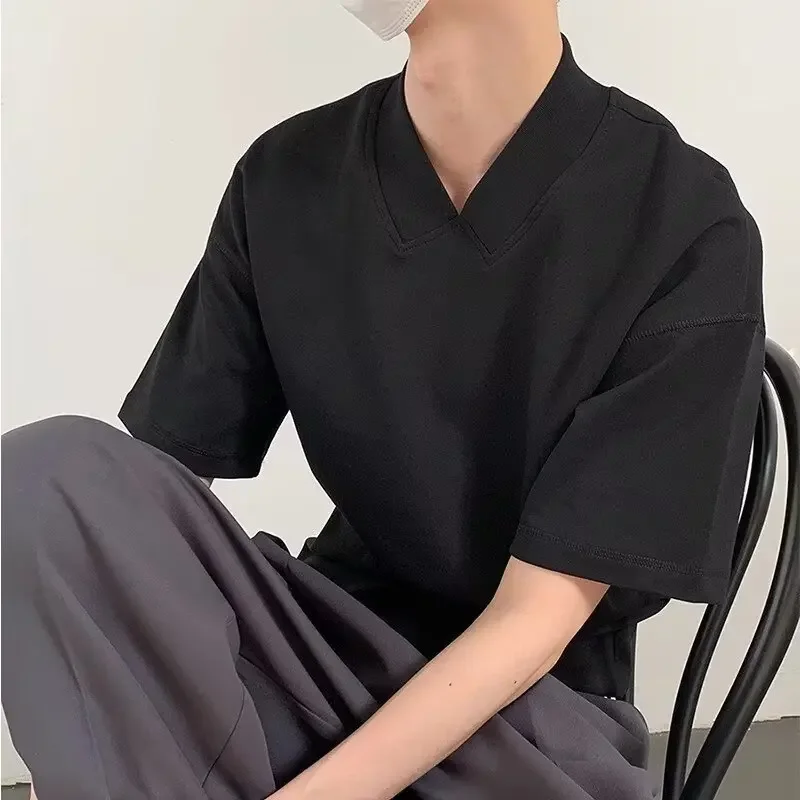 Летняя однотонная мужская футболка свободного покроя с v-образным вырезом