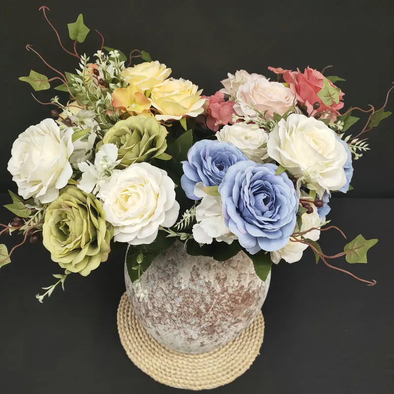 

Artificial Silk Flowers Two-color Camellia Rose Bouquet Wedding Hall Home Living Room Garden Tabletop Decoration Fake Flowers