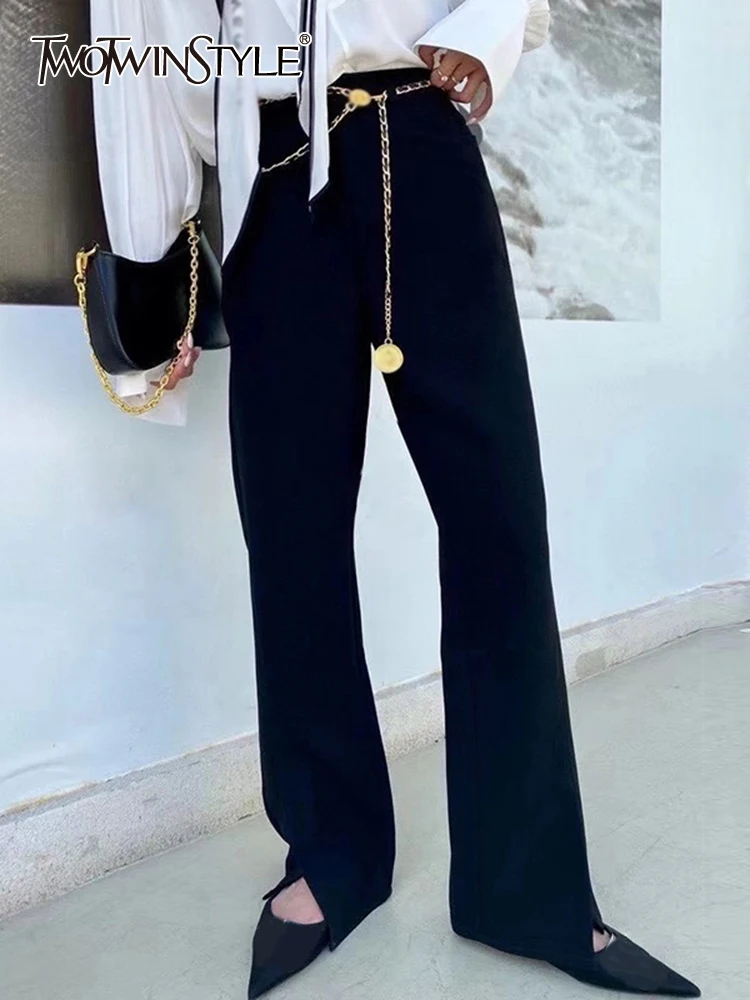 

TWOTWINSTYLE Straight Patchwork Chain Trouser For Women High Waist Wide Leg Casual Pants Female New Clothing Fashionable 2022