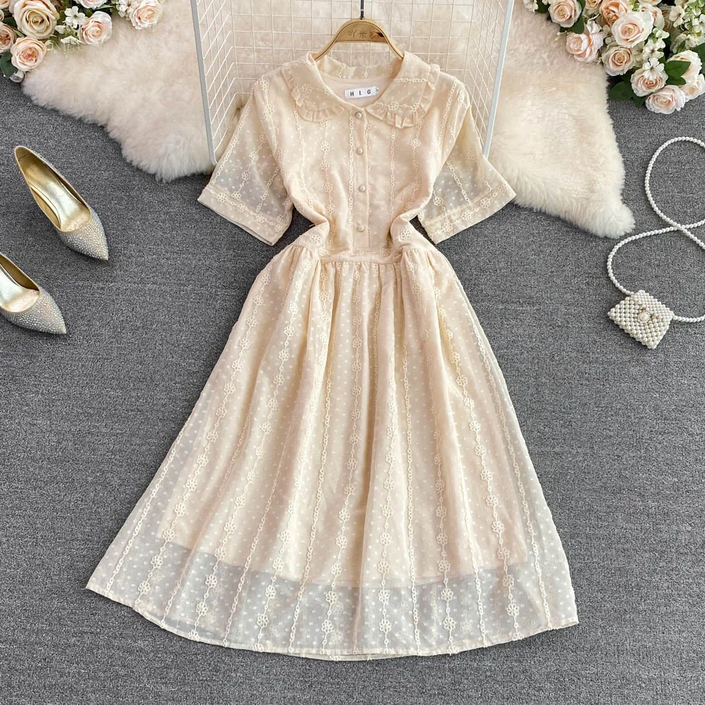 

2022 Summer New Gentle Wind Age-reducing Sweet Doll Collar Waist Thin A-line Dress Elegant Temperament Large Swing Long Skirt