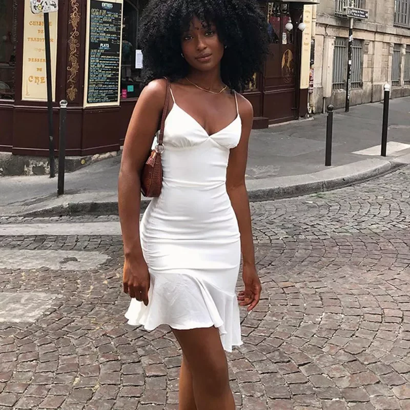 

Women Sexy V-Neck Bodycon Spaghetti Straps Ruffles Mini Dress Club Party Elegant Sleeveless Summer Sundress Outfits Holiday
