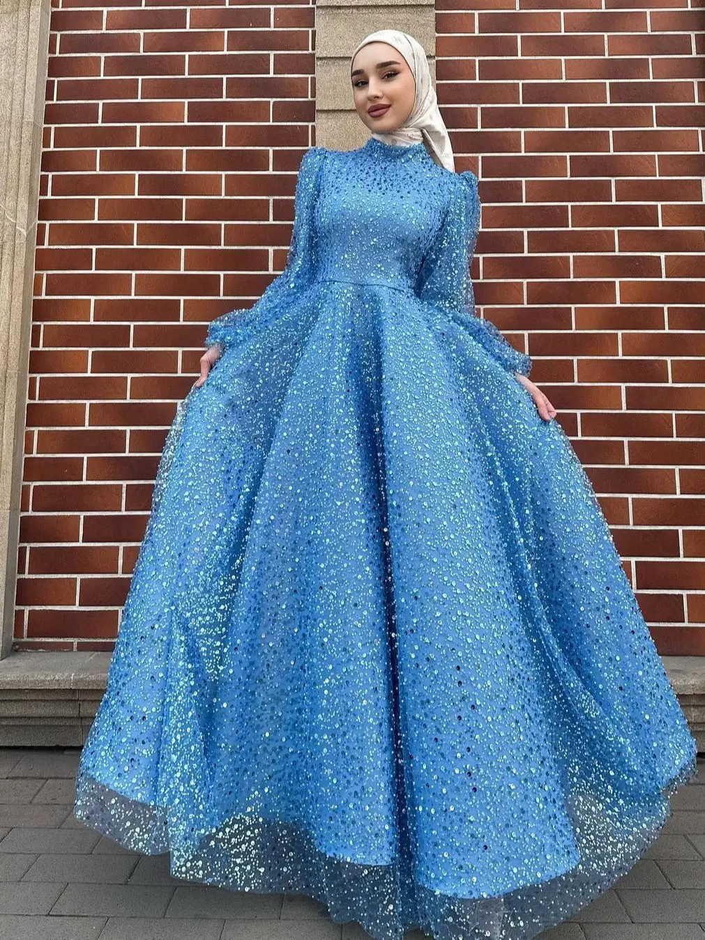 

Puff Long Sleeves Prom Dresses Sequins Beads A-Line Saudi Arabia Evening Dresses Formal Occasion For Eid Party Dresses